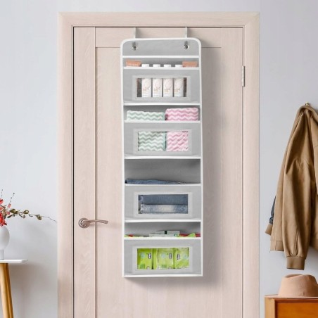 Organizer wiszący na drzwi z okienkami do przechowywania / 4 półki / szary