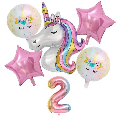 Balony na 2 URODZINY JEDNOROZEC Zestaw 6 Balonow Foliowych Cyfra 2 7
