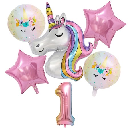 Balony na 1 URODZINY JEDNOROZEC Zestaw 6 Balonow Foliowych Cyfra 1 7